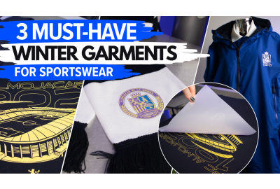 Three must-have winter sportswear garments customised with heat transfers: a personalised football scarf, printed hoodie and branded waterproof dry robe